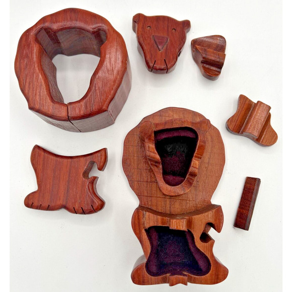 Vintage Wooden Lion Puzzle Trinket Box SKU U195 - Picture 4 of 5